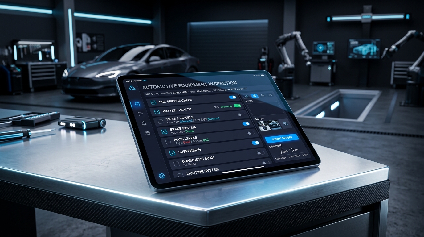 Digital inspection on iPad in a futuristic service bay